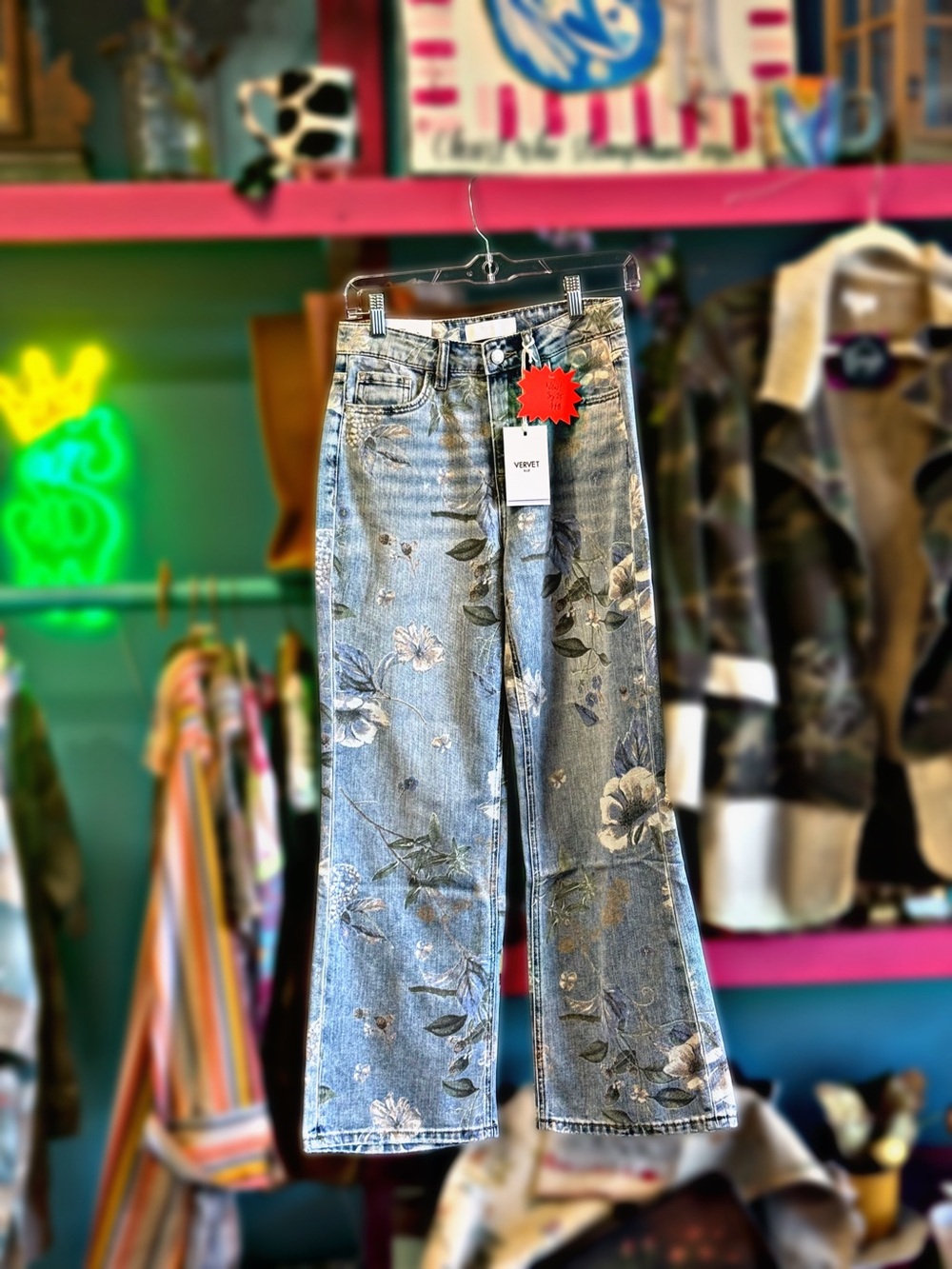 Vervet Floral Boot-Cut Jeans in Light Blue